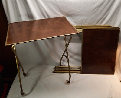 Wood Metal Tray Table Set Vintage Mid Century Modern Folding TV