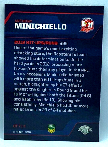 2013 NRL Traders Chart Toppers #CT7 Anthony Minichiello Sydney Roosters - Picture 2 of 2