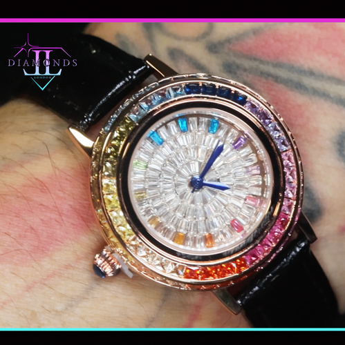 Rainbow Diamond Watch, Celestial Watch, Womens leather Strap Watch, Star Watch