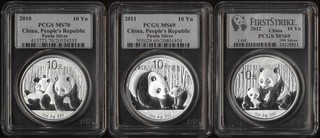 🔥3 CHINA TrOz .999 SILVER PANDAS(2010 2011 2012)PCGS MS69/70🔥FREE SHIP🔥