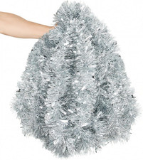 50FT Christmas Tinsel Garland, Silver Thick Metallic Twist Garland for Xmas Tree