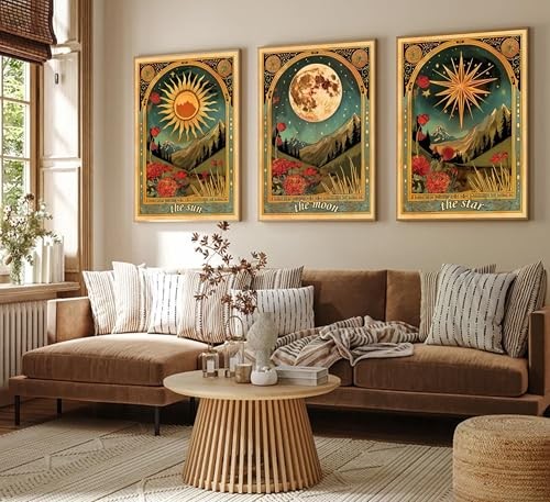 3 Pcs Tarot Canvas Wall Art Sun Moon and Star Mystical 16L" x 12W" Tarot-Poster - Picture 3 of 6