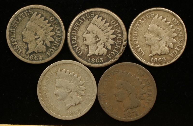 5pc Indian Head Cent Lot 1859-1874 Circulated G-F (#SLC00438)