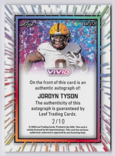 2025 Leaf Vivid Jordyn Tyson Blue Shimmer Auto #2/10 ARIZONA STATE SUN DEVILS - Picture 2 of 2