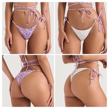 NWT House of CB Kos Reversible Ivory and Violet Floral Tie-Side Bikini Bottom L+