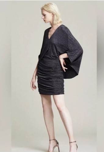 Halston Evening Collection Dress 10 Black Metallic V Neck 1/2 Sleeve Ruche NEW! - Picture 4 of 4