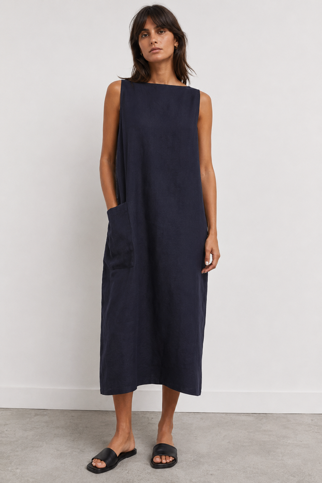 THE FRANKIE SHOP Dress Womens Navy Blue Shift Loose Fit Maxi Patch Pocket- XS