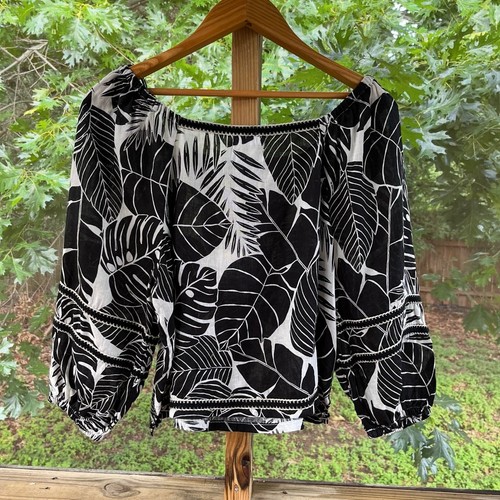 Cynthia Rowley schwarz-weiße Bluse mit Botanical Print 100% Leinen Gr. L. NEU - Bild 2 von 7