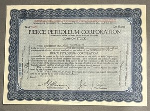 Pierce Petroleum Corporation Common Stock Temporary Certificate, 100 Shares