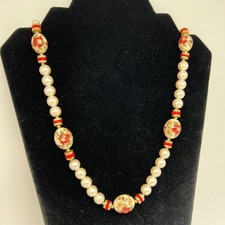 Vintage Japan Faux Pearl Painted Floral Flower Bead 28  Necklace 8259