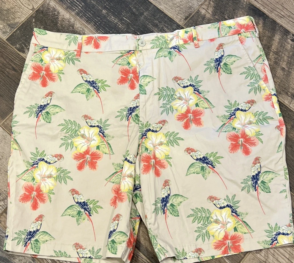 Izod Stretch Silver Birch Floral Parrot Hibiscus Twill Chino Shorts Size 42