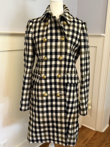 J Crew Plaid Oxford Long Wool Pea Coat Gold Buttons Black Gold Ivory Multi Sz 2 - Picture 2 of 15