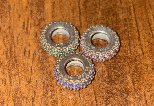 Genuine PANDORA Pave Sparkle Spacer Charm 925 Silver Lot Of 3 Pink Blue Green - Picture 2 of 4