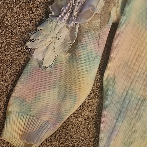 1 Size Sue Blue Highly Embellished Sweater Applique Lace Pastel Tie Dye Vtg 90s - Picture 5 of 13
