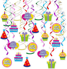 18Pcs Birthday Party Hanging Decorations - Colorful Swirl Streamers with "Happy