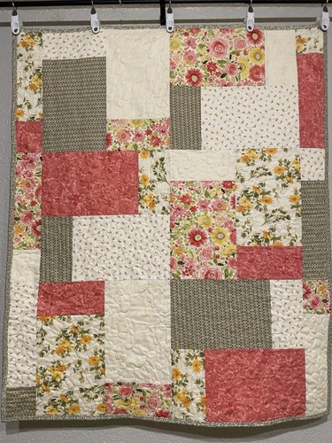 Homemade Spring floral quilted plush fleece baby/lap blanket 39" x 48"