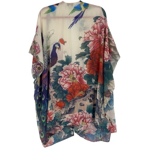 JC Sunny Peony & Peacock 100% Cotton Lightweight Kimono Women's O/S - Picture 2 of 10