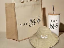 Bride Wedding Tote Bag Set Hat Tumbler Monogram Beige Waterproof Double Handles