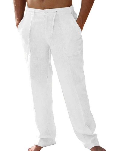 Mens Casual Linen Pants Loose Fit Straight-Legs Elastic Drawstring Waist Summ...