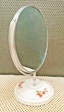 Ancien Petit Miroir Rotatif Sur Pied en Porcelaine Blanc Florale Vintage Déco