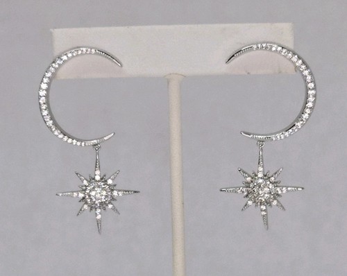 Orecchini pendenti/goccia argento sterling 925 fine 2 ct diamanti simulati luna e stella - Foto 2 di 6