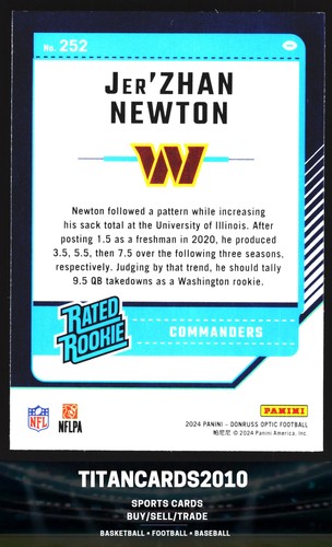 Jer'Zhan Newton 2024 Donruss Ottica Classificata Rookie Washington Commanders #252 - Foto 2 di 2