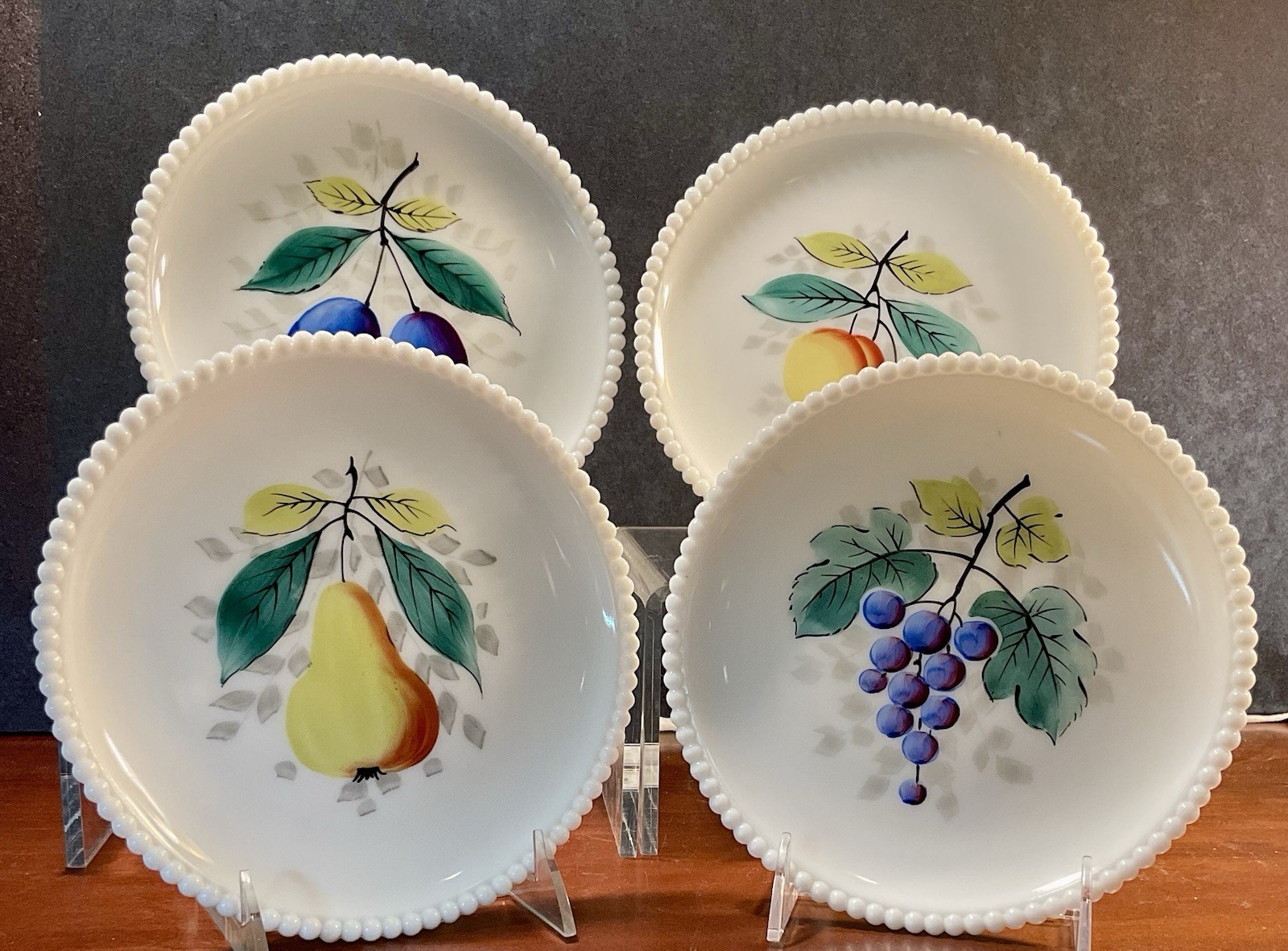 Vintage Westmoreland Beaded Edge Milk Glass Painted Fruit Plates (4)