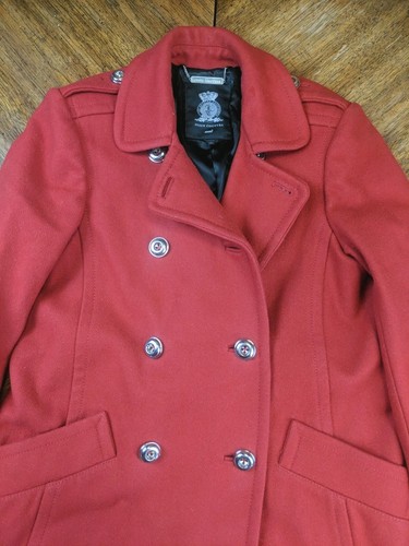 Cappotto Juicy Couture Taglia S Rosso Giacca Lana Italiana Bordo Increspato Pea Coat - Foto 2 di 19