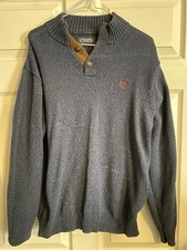 Chaps Mens Sz L Suede Elbow Patches Mock Neck 1/4 Button Blue Cotton Sweater
