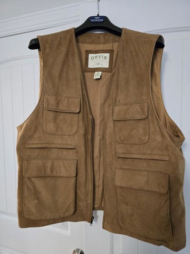 Orvis Leather Suede Gilet Mens XXL Brown Tan Shooting/Fishing/casual wear Vest - Picture 2 of 13