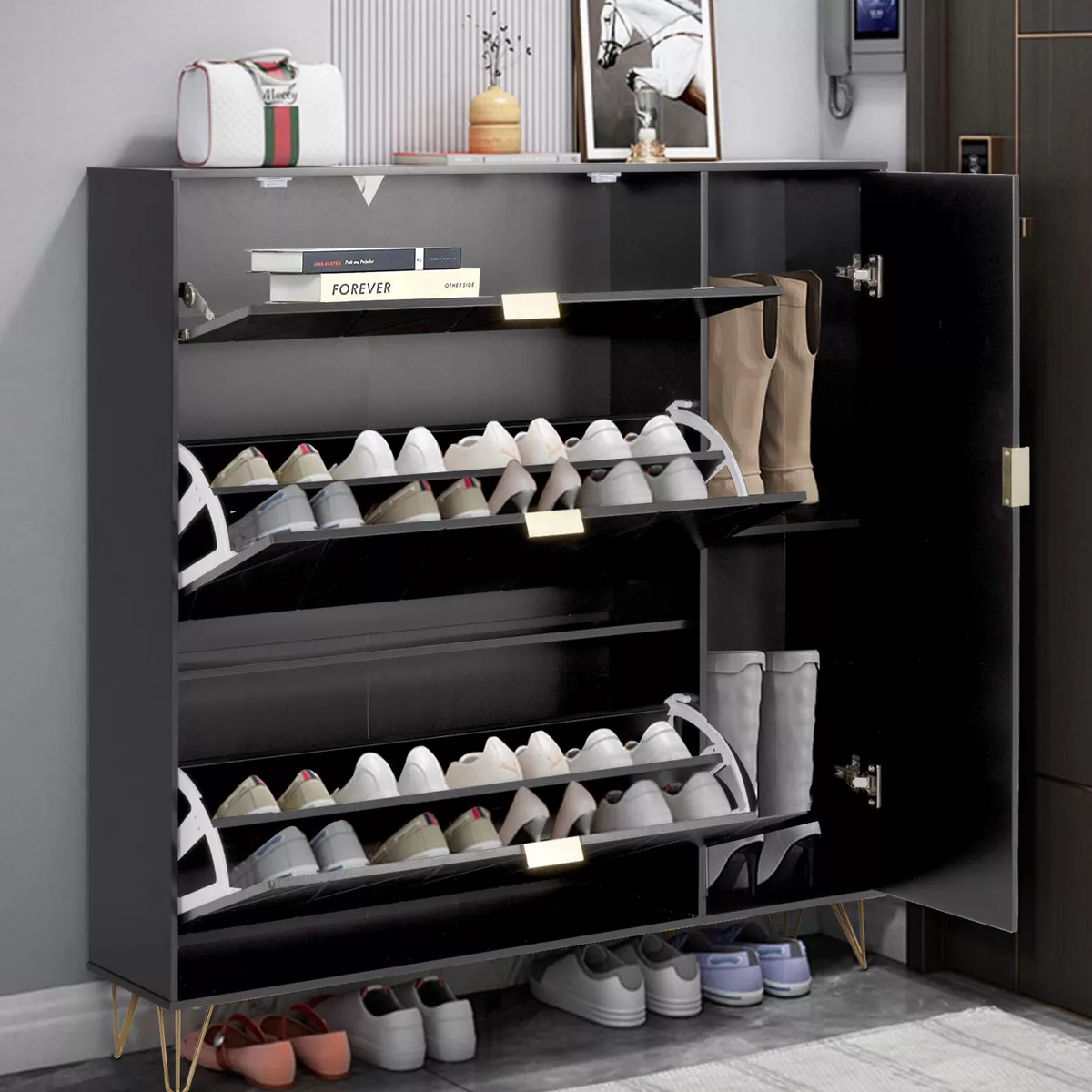 Shoe Cabinet Storage Cabinet with 3 Flip Drawers & Boot Rack Narrow Shoe Rack - Black