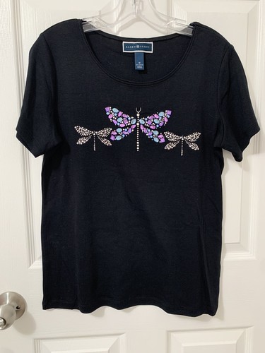 Karen Scott schwarzes kurzärmliges T-Shirt Dragon Fly Perlen Rundhals *Gr. M*