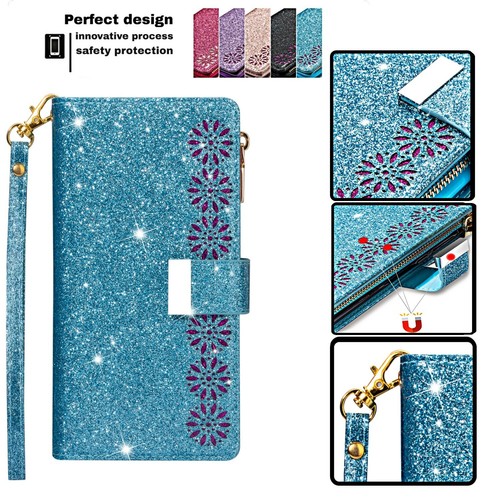 Glitter Zipper Wallet Case For Samsung S7 S8 S9 S10 S20+ Ultra Note Magnet Cover - Picture 2 of 17
