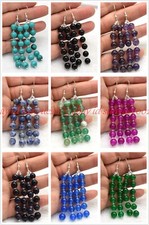 8mm Natural Multicolor Gemstone Round Beads Dangle Silver Hook Earrings