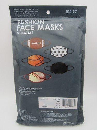 Fashion Face Masks 5 Piece Set Ball Sports Washable Reusable - NEW - Picture 2 of 3