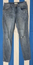 Womens Juniors Jolt Beaded Factory Distressed Blue Ankle Jeans Size 5/27W Denim