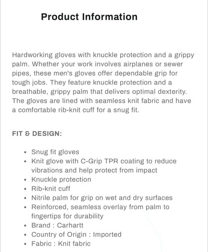 Carhartt Mens XL Gray C-Grip Impact Gloves: Knuckle Protection Optimal Dexterity - Picture 5 of 10