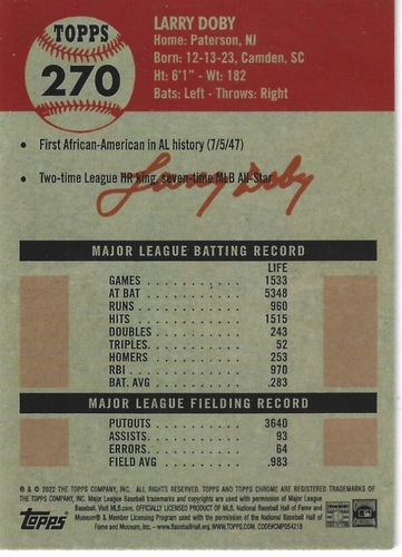 2022 Topps Chrome Platinum Anniversary Refractor Larry Doby #270 Cleveland - Picture 2 of 2