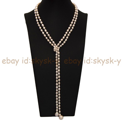 Long 50'' Natural 7-8mm White Rice Pearl Scarf Baroque Pearl Pendant Necklace AA - Picture 2 of 4