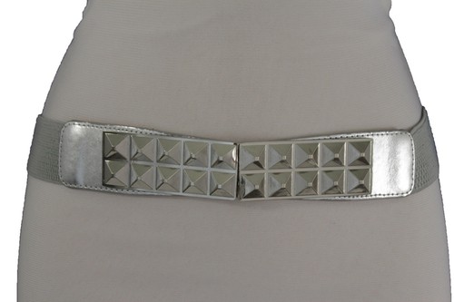 Women Fashion Belt Studds Buckle Elastic Waistband Silver Metal Buckle Size S M