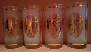 Set of 4 Rare MCM Libbey Native American Archer Frosted Gold Leaf Glasses