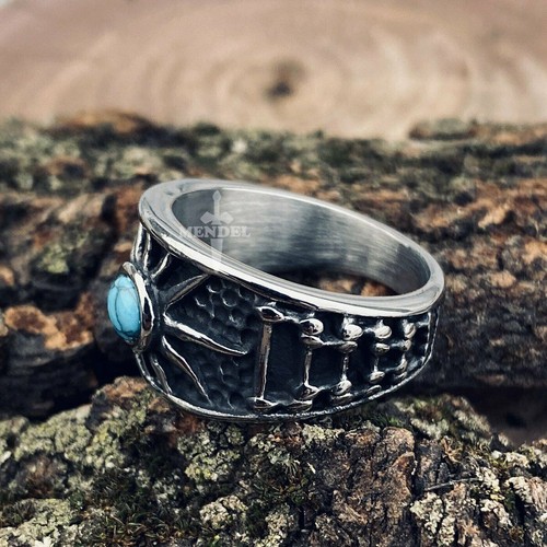 MENDEL Mens Sun Turquoise Biker Band Ring Stainless Steel Size 7 8 9 10 11 12-15 - Picture 3 of 6