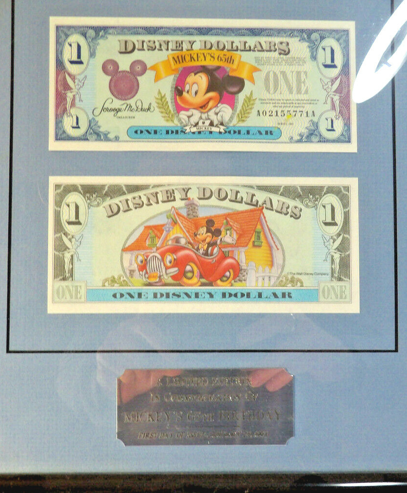 Disney Dollars, Mickeys 65th Birthday 1993, First Day Issue Framed