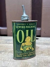 Early Vintage Sewing Machine Oil 3 Oz Oiler Tin Can w/ Lead Spout Litho Graphics