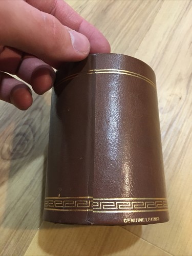 VTG Genuine Leather Dice Shaker Gold Trim Pencil Pen Desk Cup 4" H x 3.25" Dia. - Picture 4 of 12