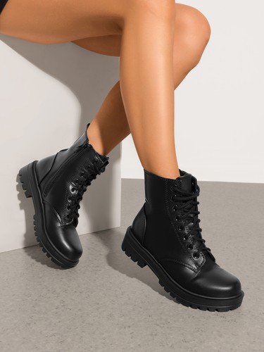 Women Fashion Ankle Boots Chunky Heel Lace up Side Zip Motorcycle Combat Boots - Picture 3 of 12