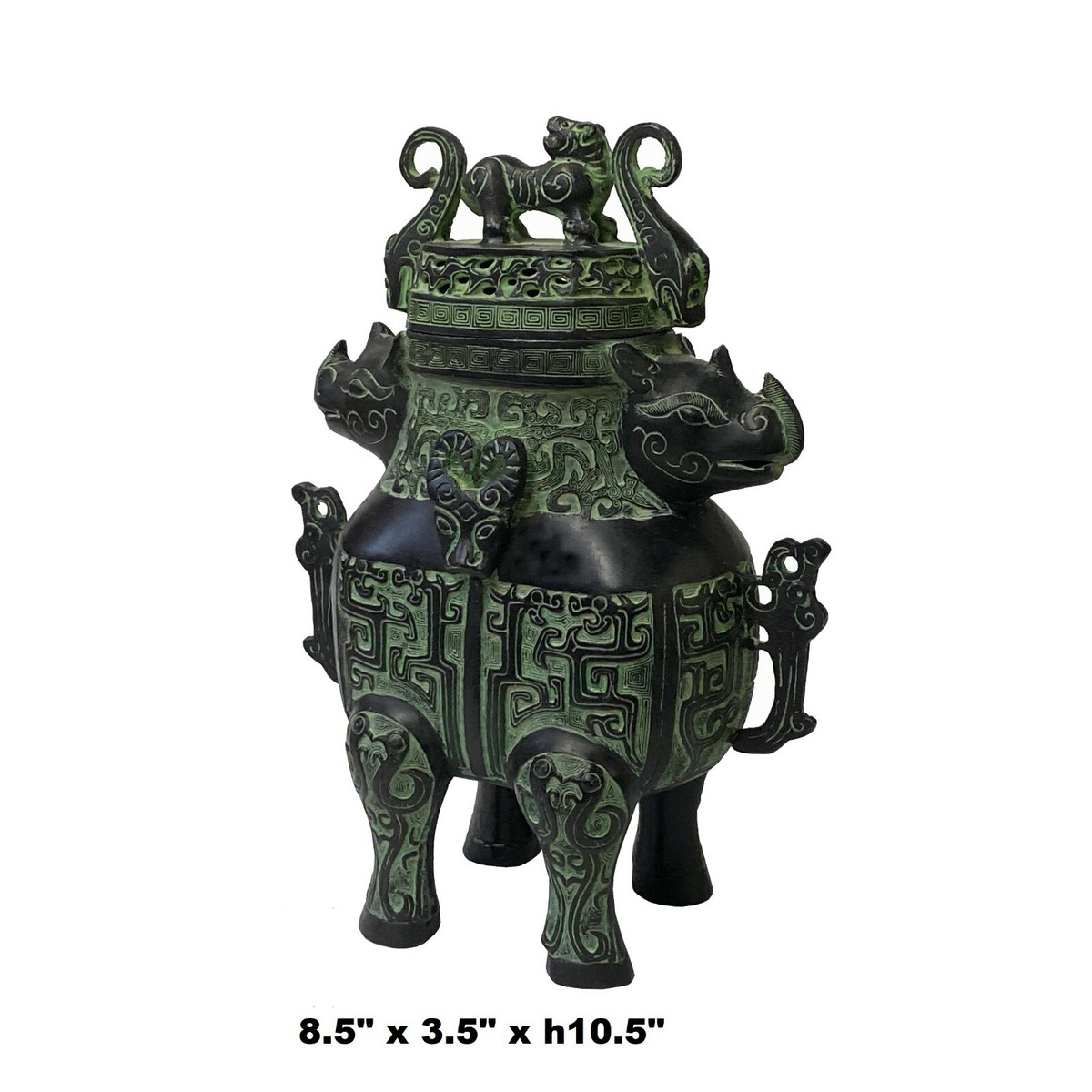 Chinese Green Black Ancient Rhino Head Accent Ding Display Vessel ws1447S Chinese Green Black Ancient Rhino Head Accent Ding Display Vessel ws1447S