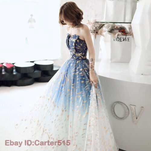 Trendy Off Shoulder Gradient Blue Tulle Evening Dresses Cocktail Party Prom Gown - Picture 2 of 12