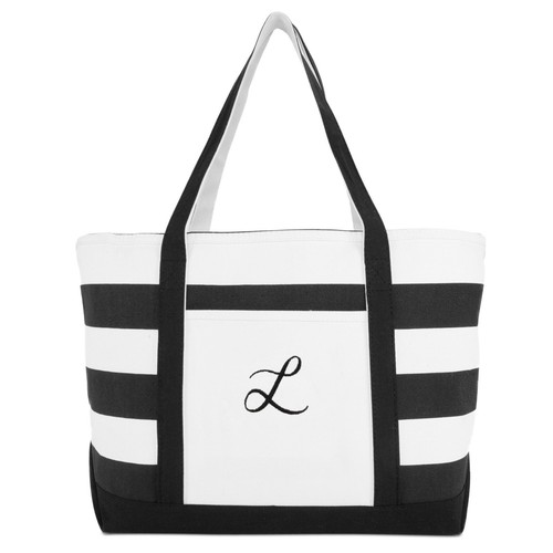DALIX Striped Beach Bag Tote Bags Satchel Personalized Black Ballent Letter A-Z - Picture 51 of 109