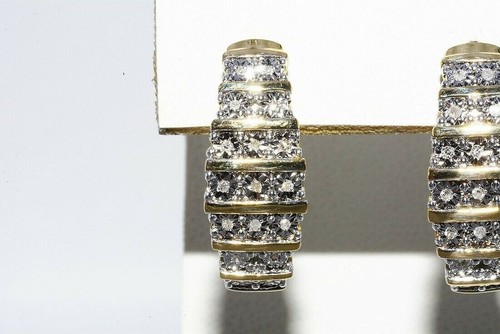 17 CT NATURAL ROUND CUT DIAMONDS & HORIZONTAL BAR J-HOOP EARRINGS  - Picture 2 of 6